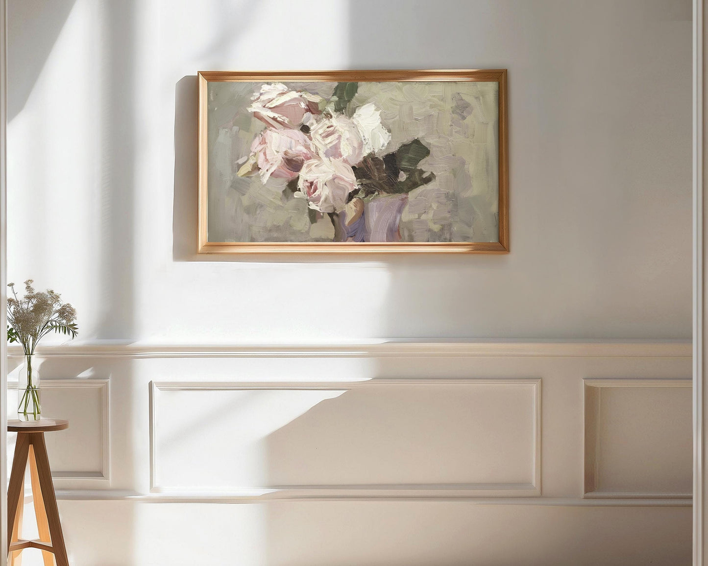 FRAME TV art Soft Pink Spring Roses, Samsung Frame tv art floral vintage art, Textured painting sage green brown farmhouse cottage | TV702