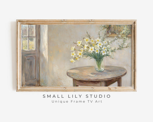 FRAME TV art Daffodils in Cottage, Spring Samsung Frame tv art vintage style floral painting, Early Spring art pastel yellow flowers | TV705