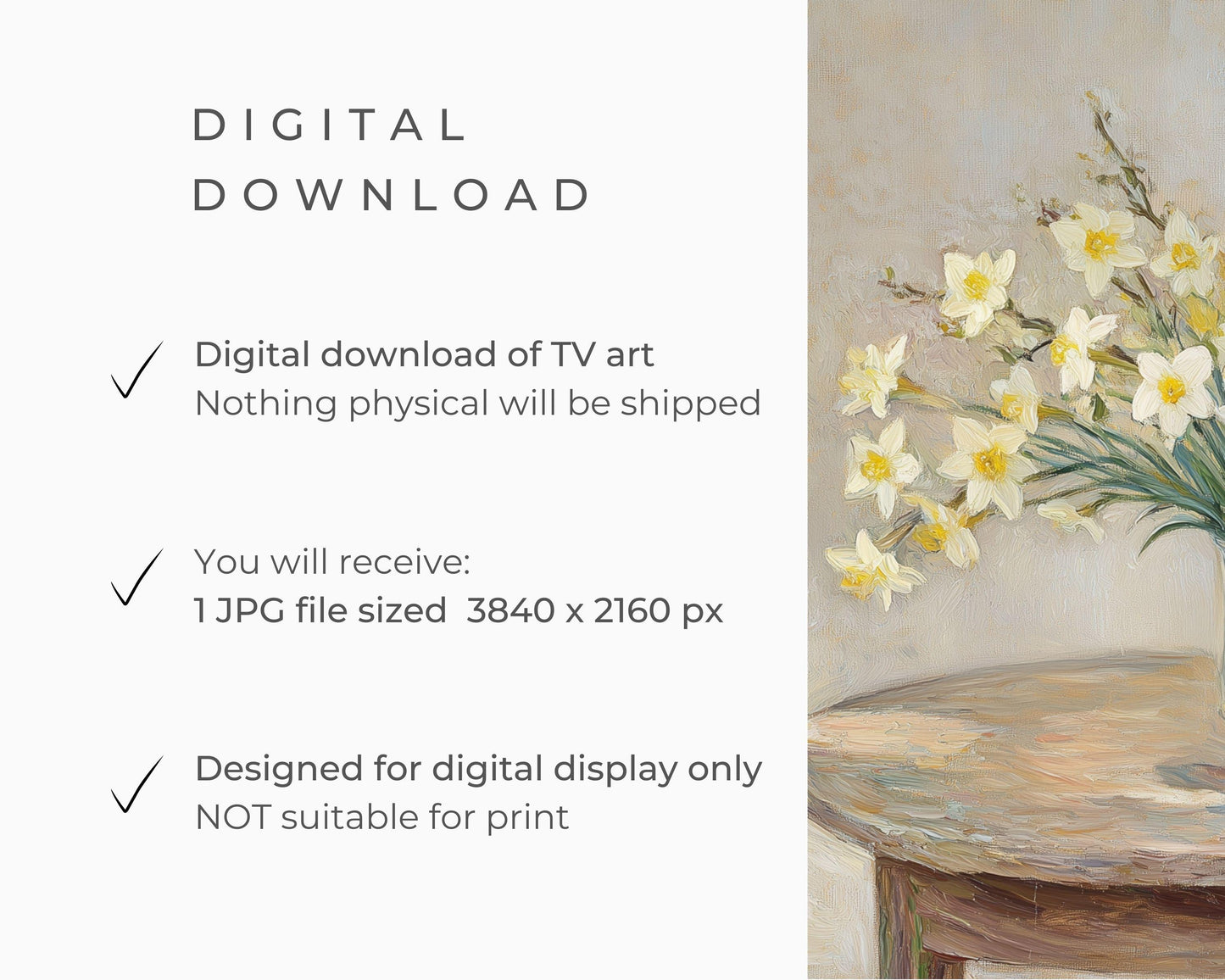 FRAME TV art Daffodils in Cottage, Spring Samsung Frame tv art vintage style floral painting, Early Spring art pastel yellow flowers | TV705