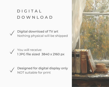 FRAME TV art Rainy Day Window, Samsung Frame tv art vintage style painting cozy bookish bedroom, Fall colors Autumn trees landscape | TV708