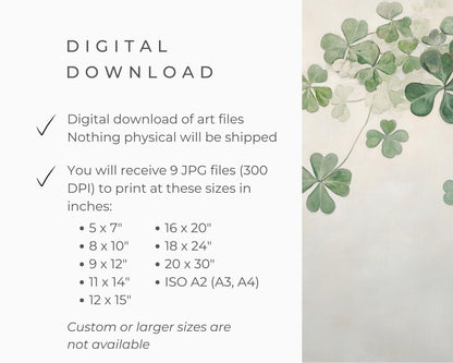 PRINTABLE St Patricks Day Print, Vintage Style Shamrocks Painting St Paddys Day Wall Art, Muted Green Clovers St Patrick's Day Print | P122