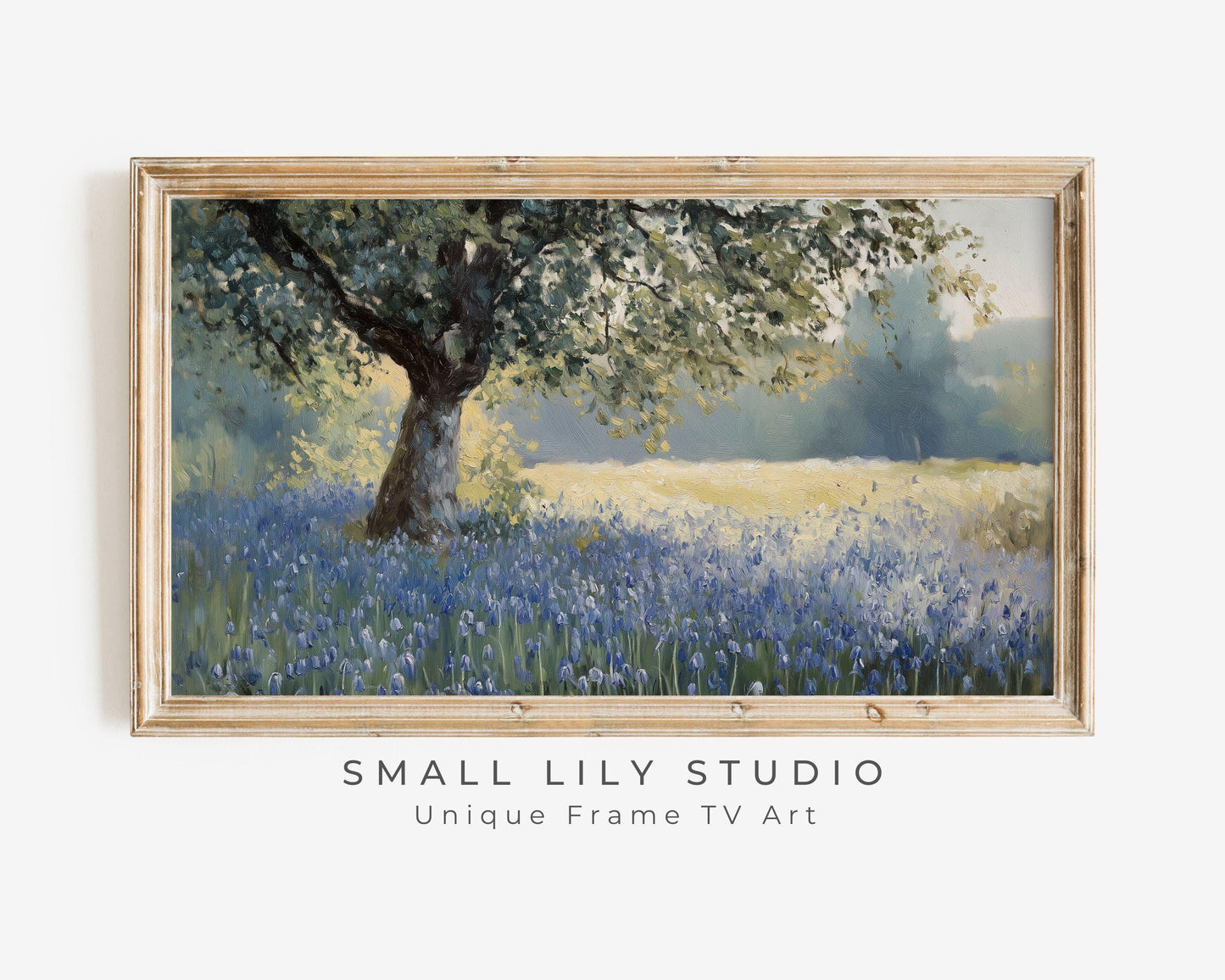 FRAME TV art Bluebells under Tree, Spring Samsung Frame tv artwork blue flower field, Floral Frametv picture vintage style painting | TV663