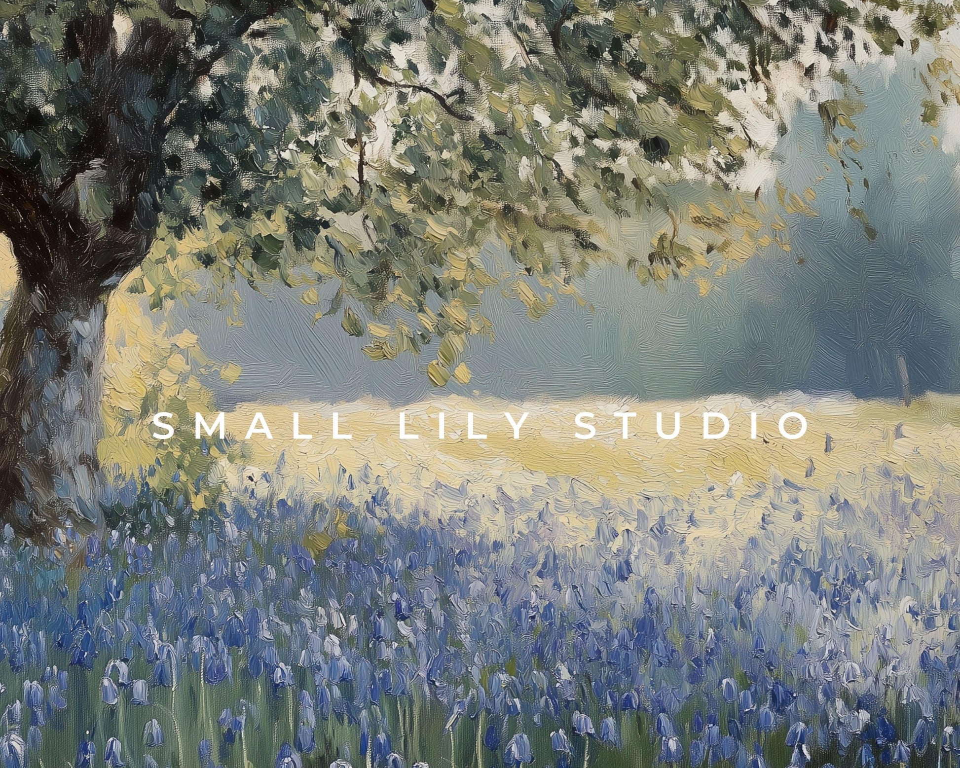 FRAME TV art Bluebells under Tree, Spring Samsung Frame tv artwork blue flower field, Floral Frametv picture vintage style painting | TV663