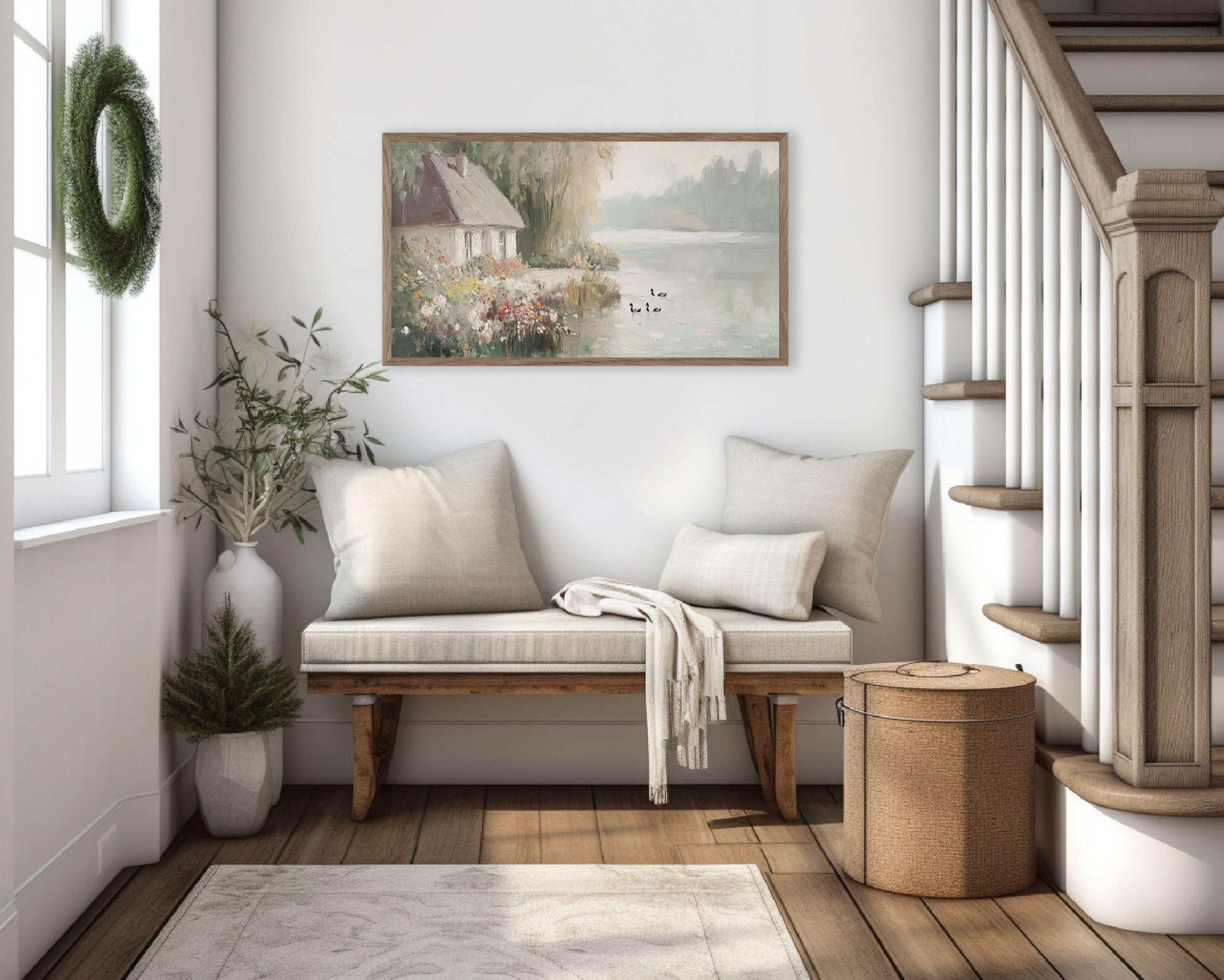 Cottage by Lake in Fog Frame TV Art