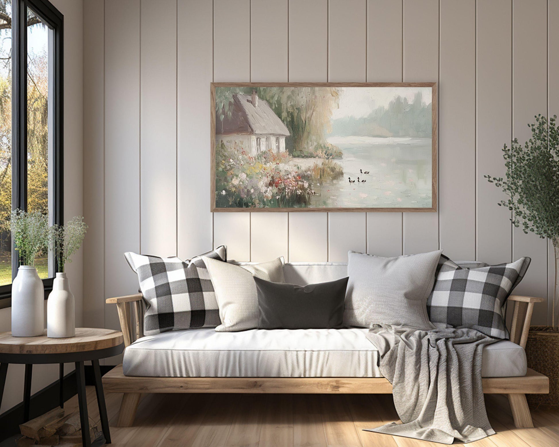 Cottage by Lake in Fog Frame TV Art