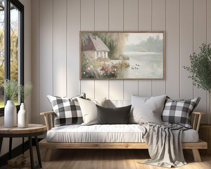 Cottage by Lake in Fog Frame TV Art