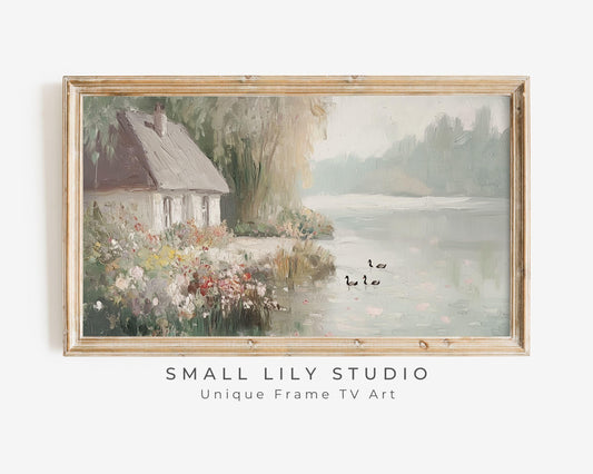 FRAME TV art Cottage by Lake in Fog, Neutral landscape Samsung Frame Tv art vintage style textured painting, Cottagecore tv artwork | TV666