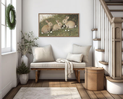 FRAME TV art Bunnies and Daisies, Samsung Frame tv art Vintage Easter, Spring landscape with cute brown rabbits country farmhouse | TV670