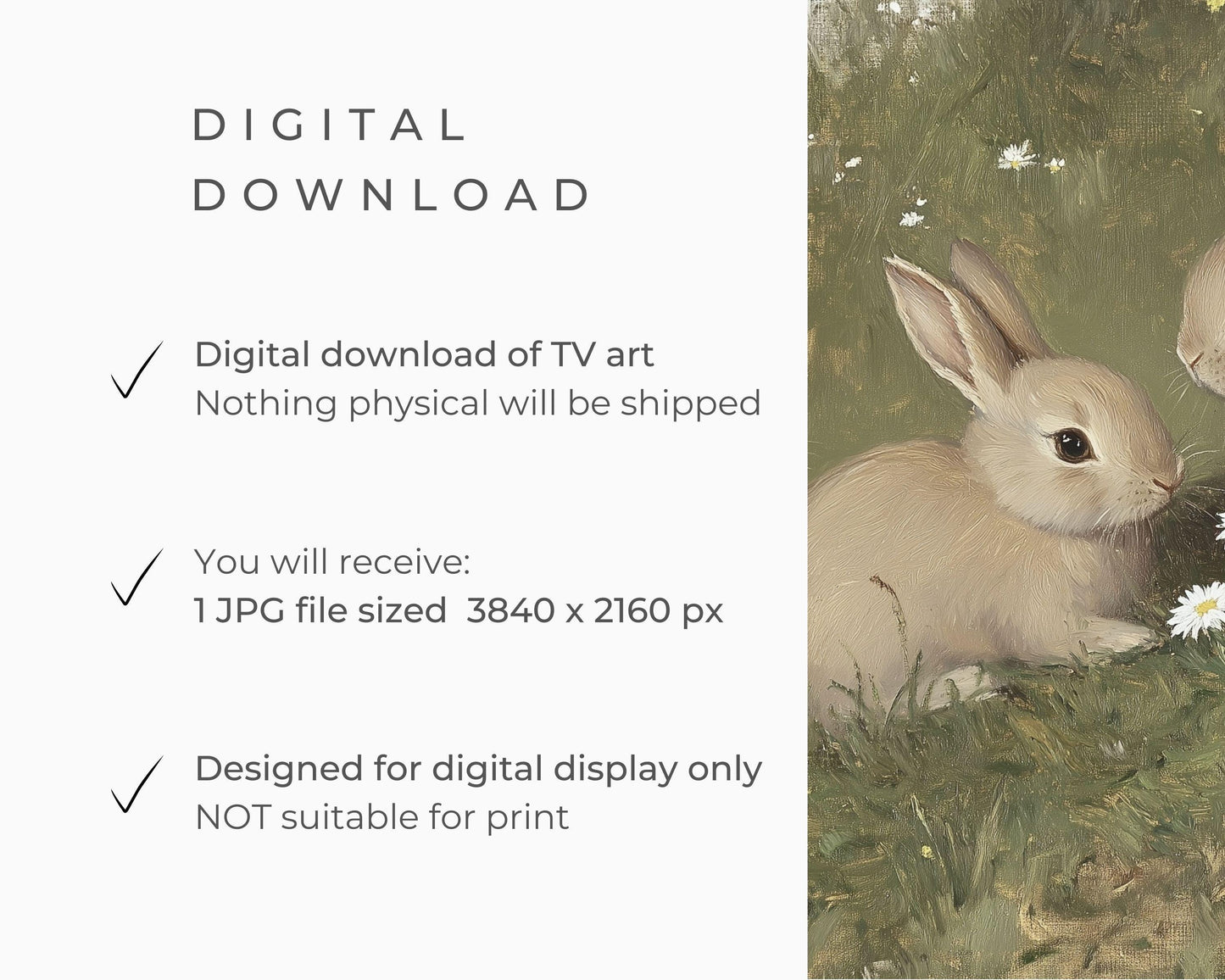 FRAME TV art Bunnies and Daisies, Samsung Frame tv art Vintage Easter, Spring landscape with cute brown rabbits country farmhouse | TV670