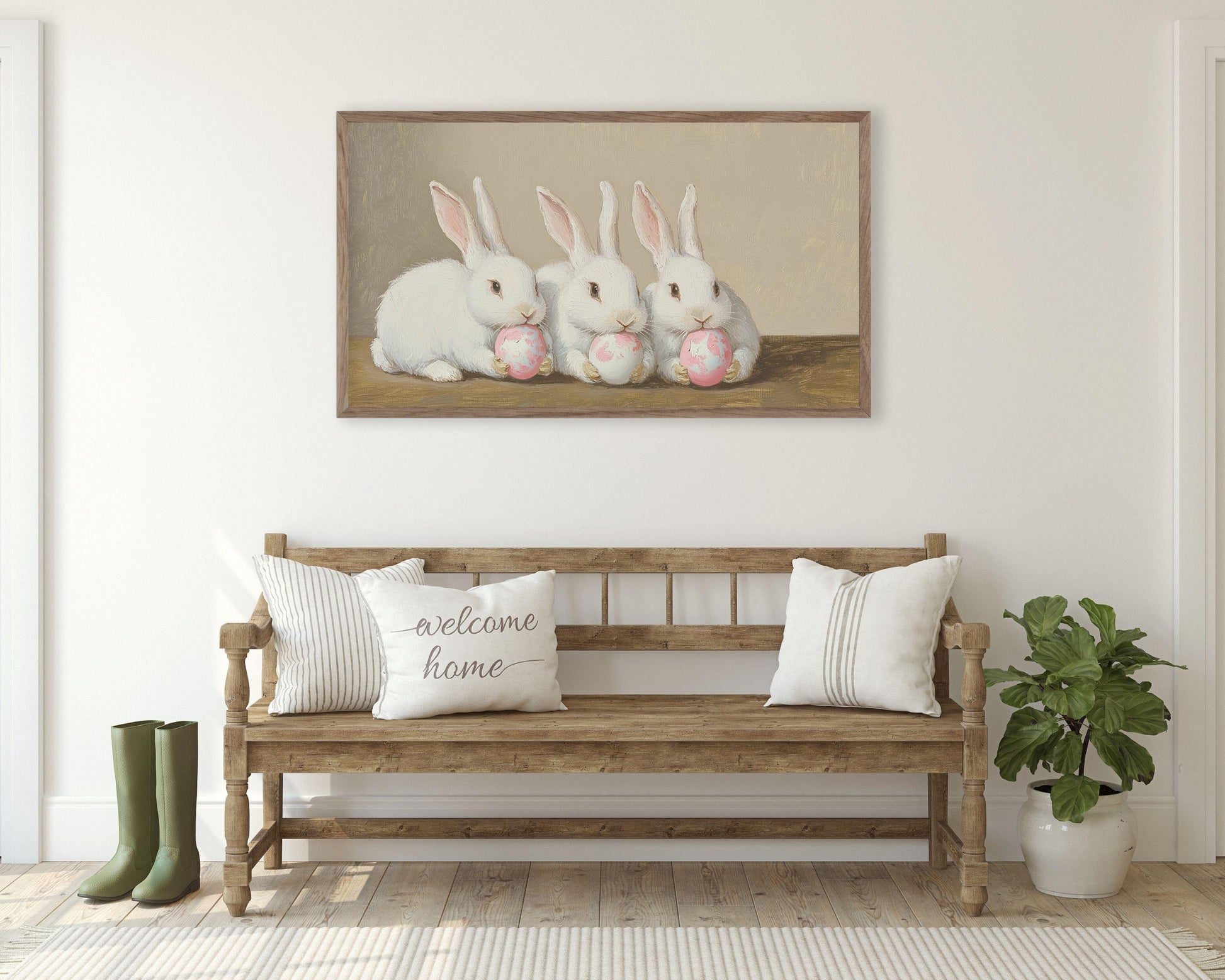 FRAME TV art Bunnies Holding Pink Easter Eggs, Cute Spring TV art white rabbits painting, Samsung Frame tv art screensaver for kids | TV678