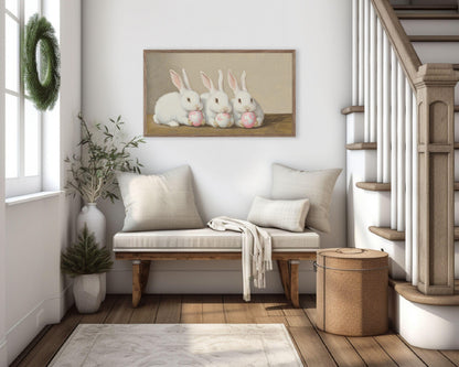 FRAME TV art Bunnies Holding Pink Easter Eggs, Cute Spring TV art white rabbits painting, Samsung Frame tv art screensaver for kids | TV678