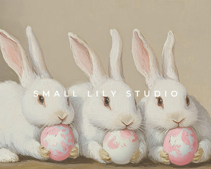 FRAME TV art Bunnies Holding Pink Easter Eggs, Cute Spring TV art white rabbits painting, Samsung Frame tv art screensaver for kids | TV678