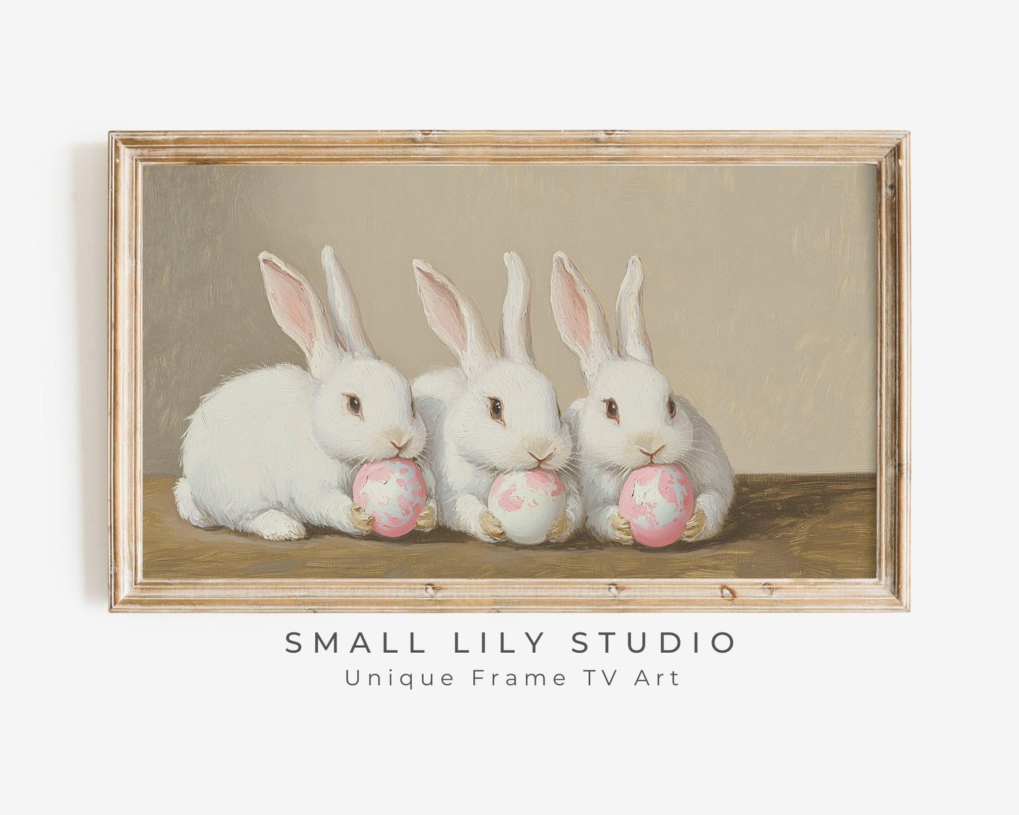 FRAME TV art Bunnies Holding Pink Easter Eggs, Cute Spring TV art white rabbits painting, Samsung Frame tv art screensaver for kids | TV678