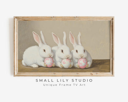 FRAME TV art Bunnies Holding Pink Easter Eggs, Cute Spring TV art white rabbits painting, Samsung Frame tv art screensaver for kids | TV678