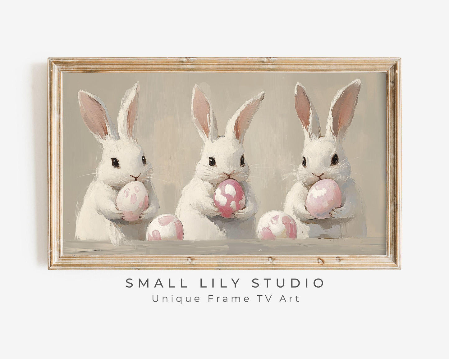 FRAME TV art Bunnies Holding Pink Easter Eggs, Cute Spring TV art white rabbits painting, Samsung Frame tv art screensaver for kids | TV679