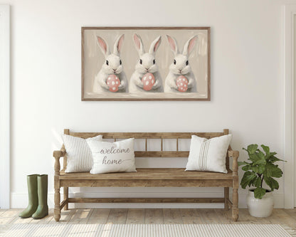 FRAME TV art Bunnies Holding Pink Easter Eggs, Cute Spring TV art white rabbits painting, Samsung Frame tv art screensaver for kids | TV680