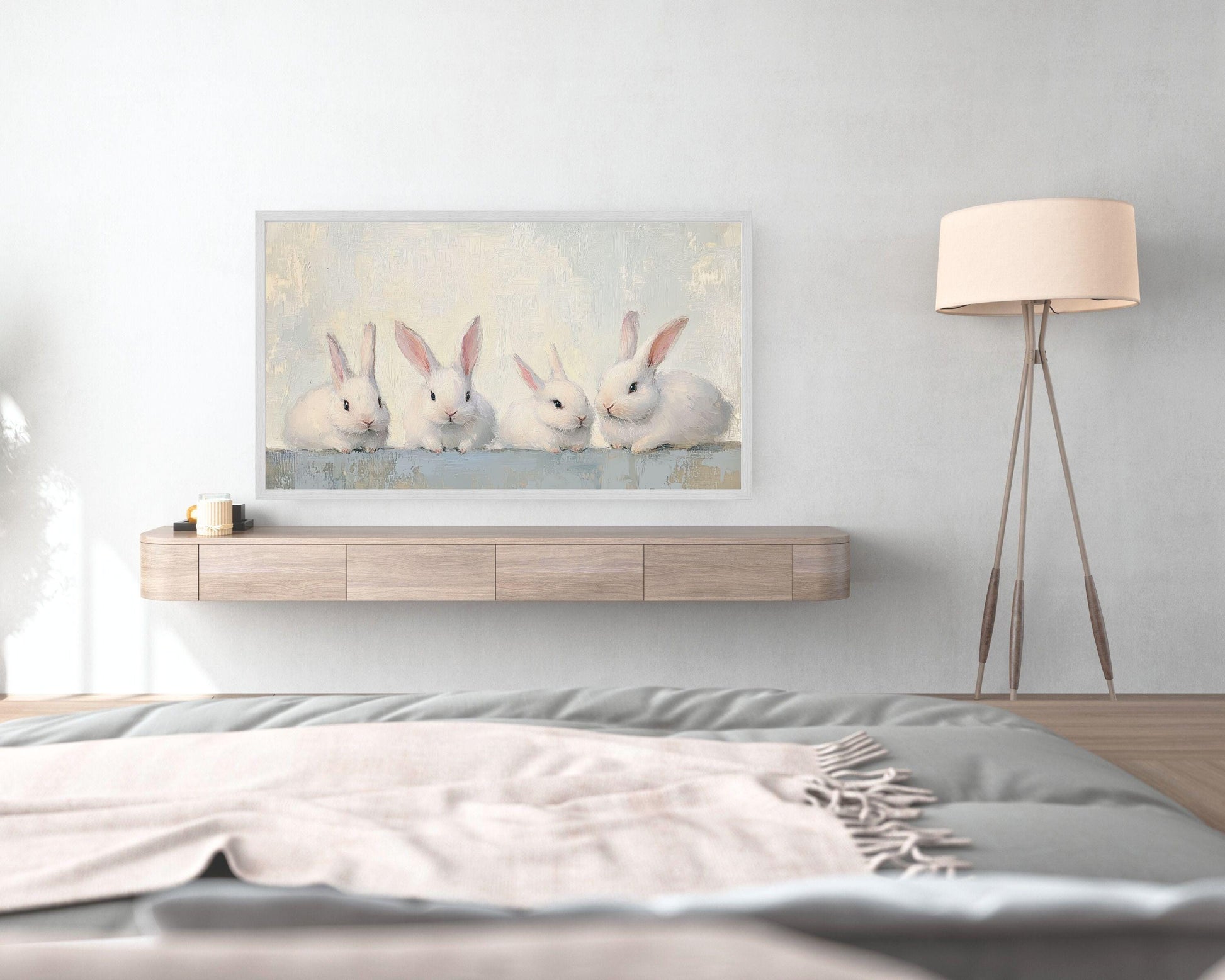 FRAME TV art Four Cute White Bunnies, Cute Spring TV art vintage style rabbits painting, Samsung Frame tv art screensaver for kids | TV681