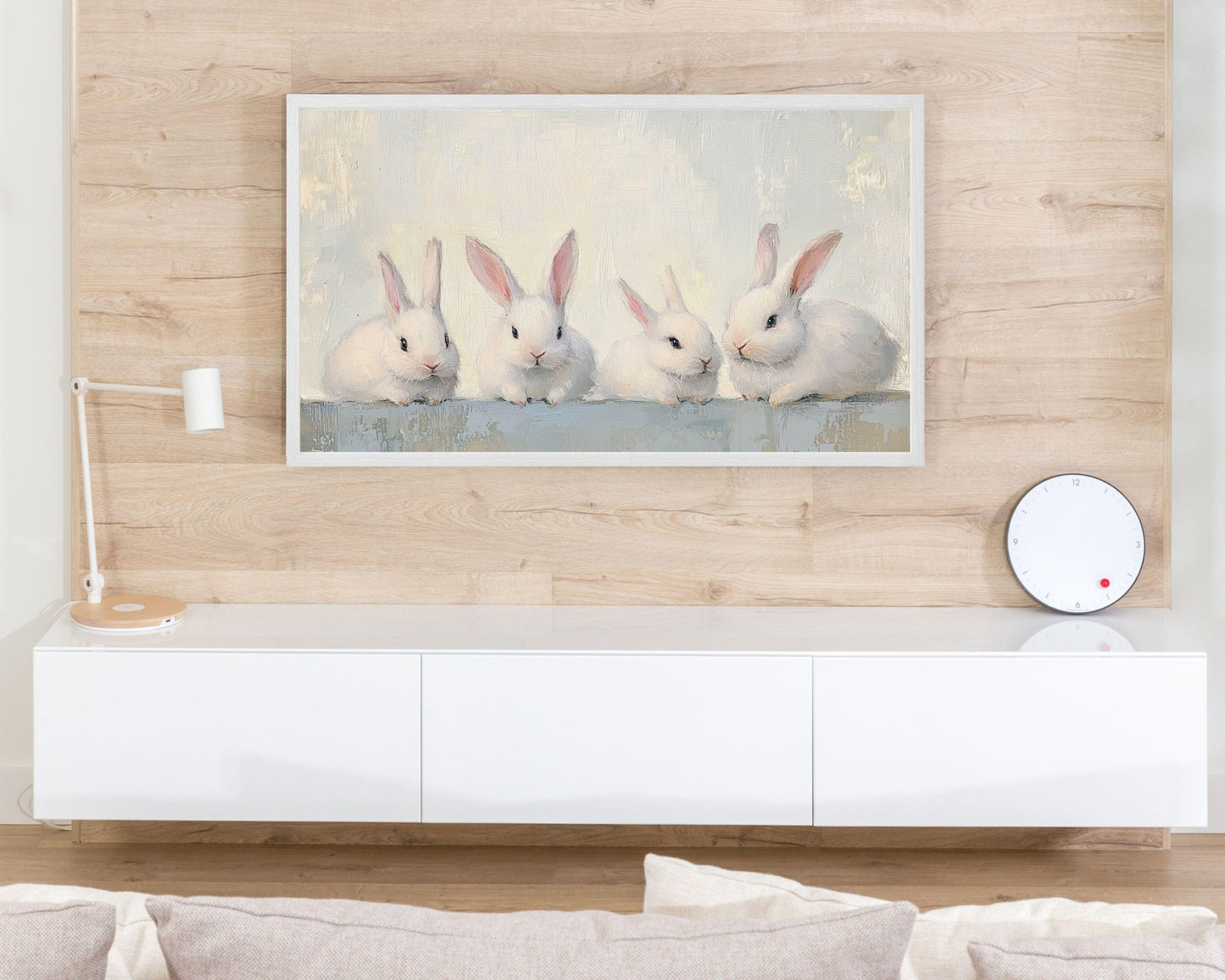 FRAME TV art Four Cute White Bunnies, Cute Spring TV art vintage style rabbits painting, Samsung Frame tv art screensaver for kids | TV681