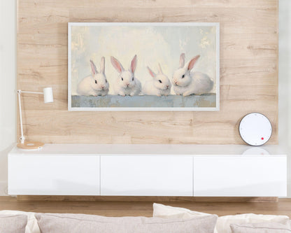 FRAME TV art Four Cute White Bunnies, Cute Spring TV art vintage style rabbits painting, Samsung Frame tv art screensaver for kids | TV681