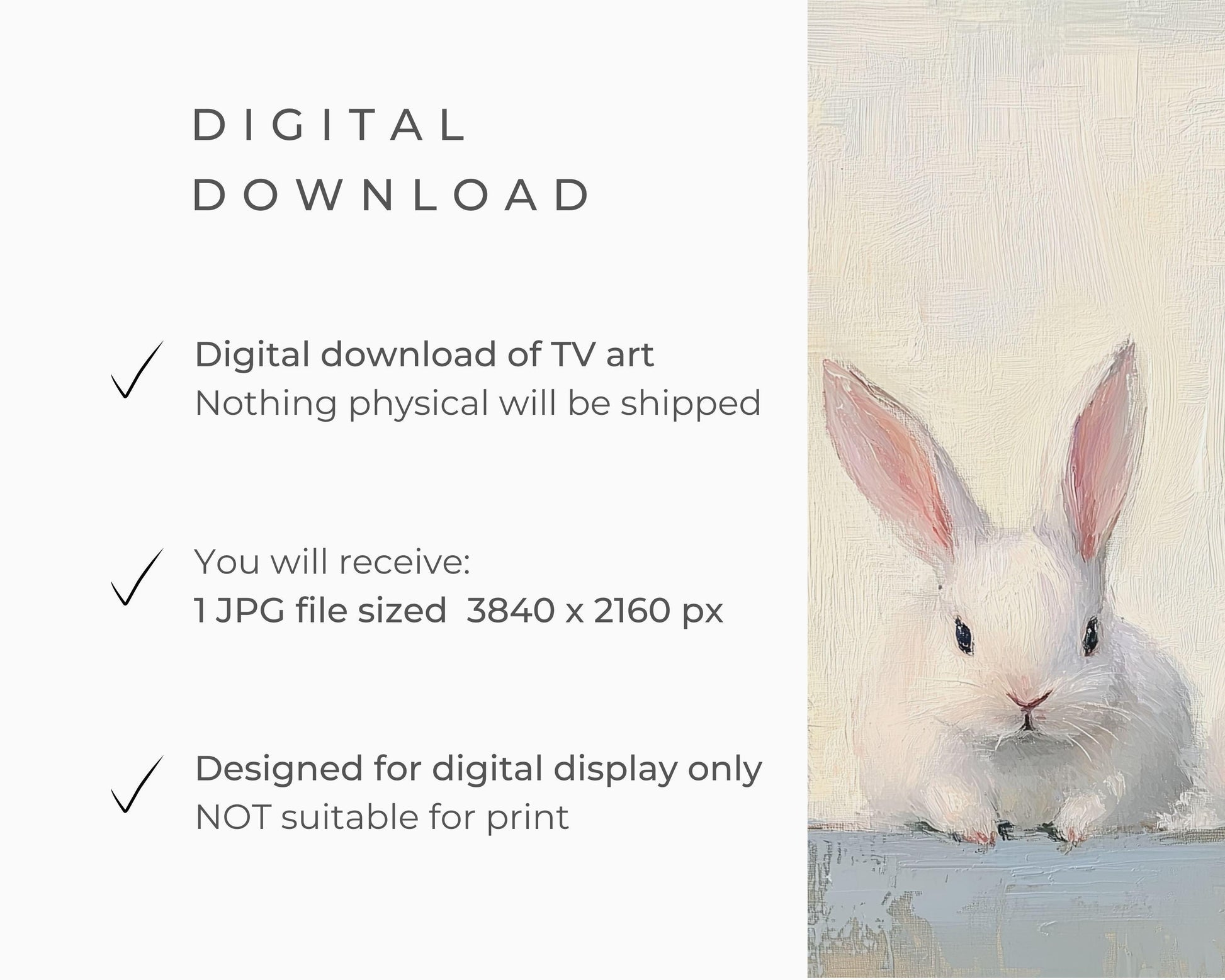 FRAME TV art Four Cute White Bunnies, Cute Spring TV art vintage style rabbits painting, Samsung Frame tv art screensaver for kids | TV681