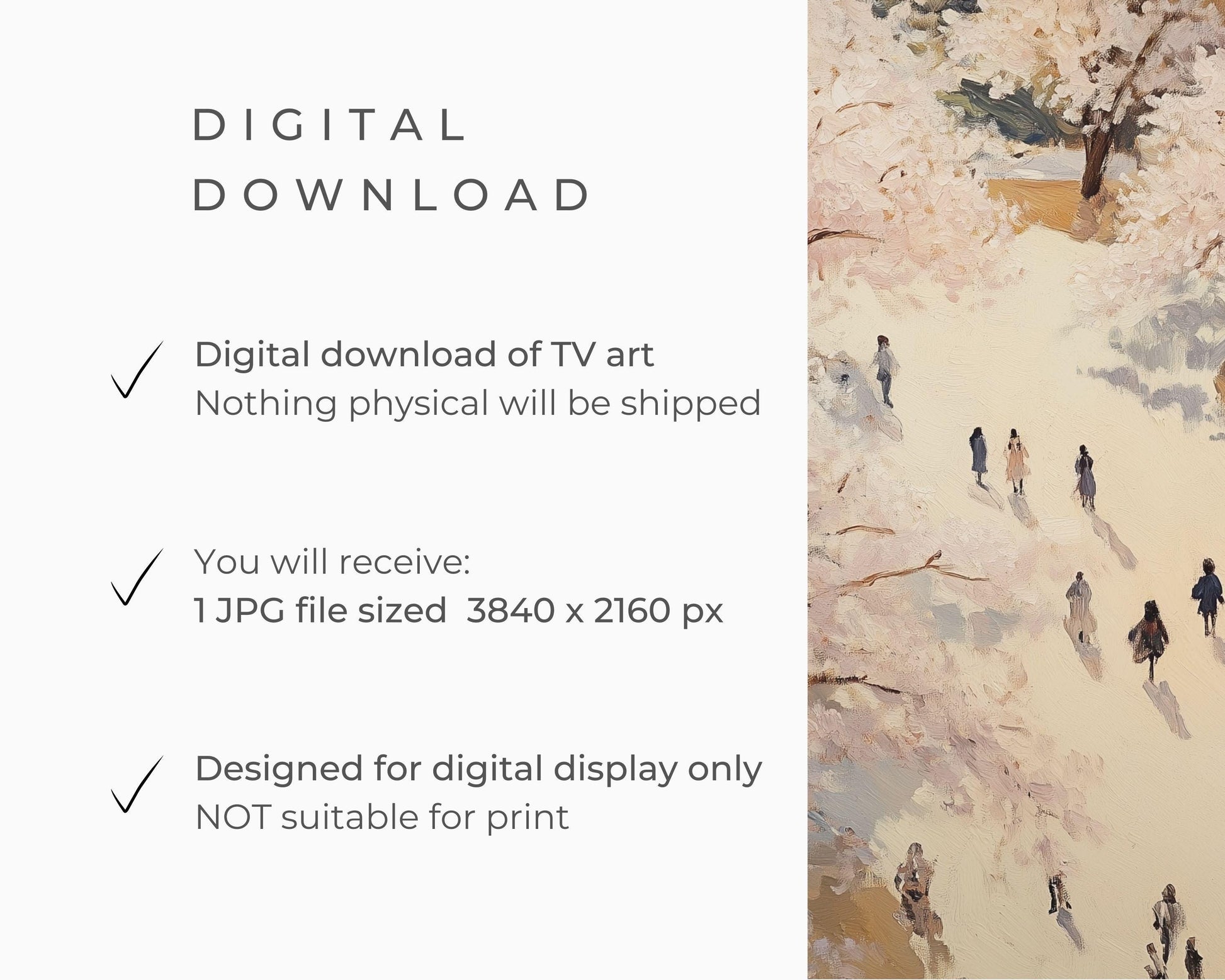 Spring FRAME TV art Walking under Cherry Blossoms, Pink floral Samsung Frame tv art, Vintage style painting blossom trees in Japan | TV688