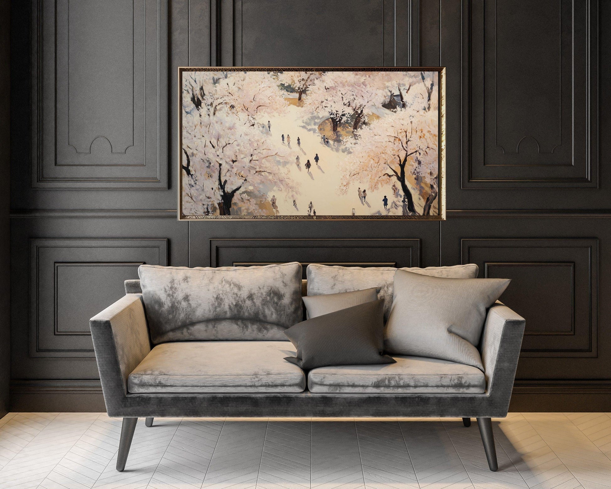 Spring FRAME TV art Walking under Cherry Blossoms, Pink floral Samsung Frame tv art, Vintage style painting blossom trees in Japan | TV688