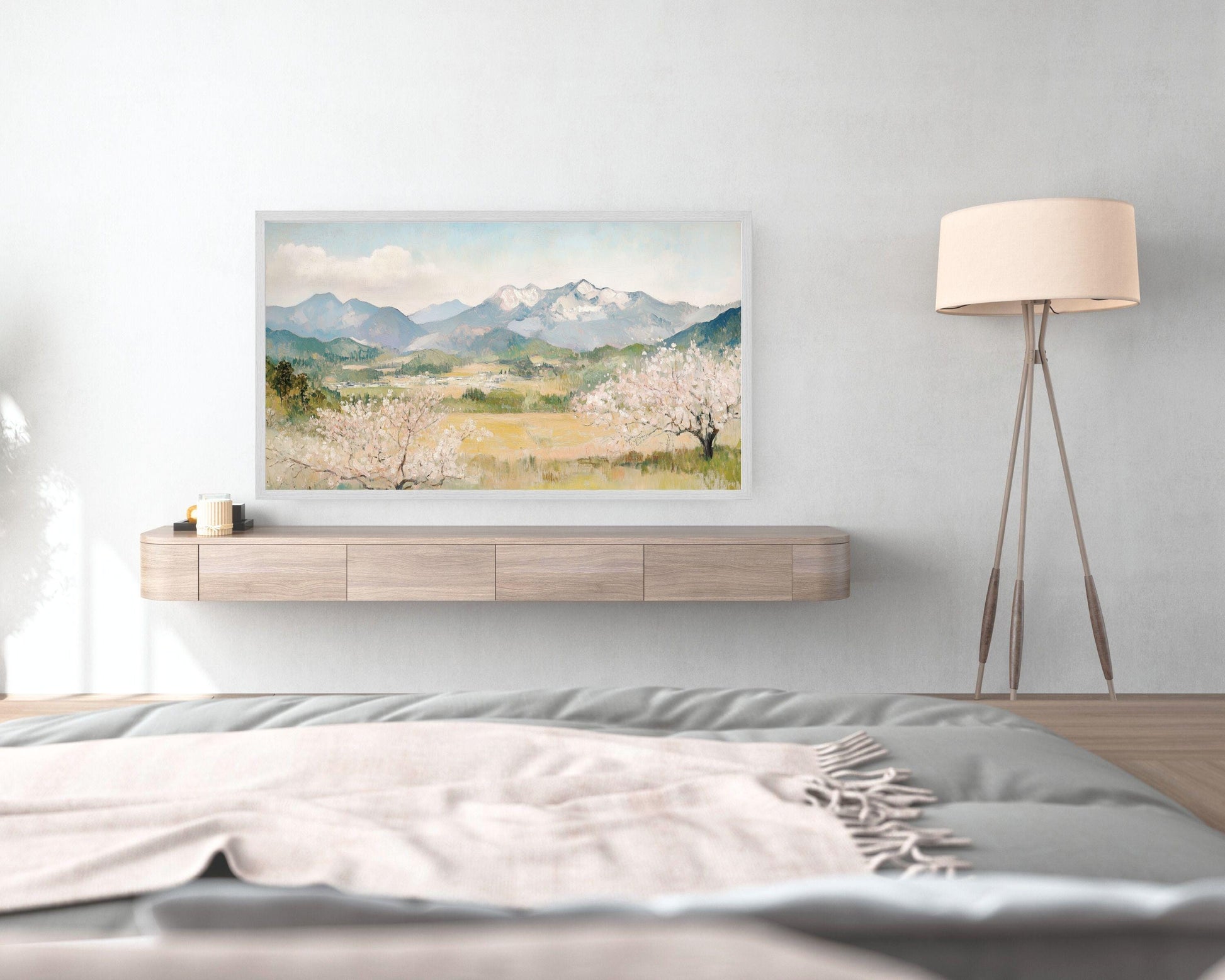 FRAME TV art Japanese Spring Landscape, Samsung Frame tv art Colorful Japan countryside with pink blossom trees and snowy mountains | TV692