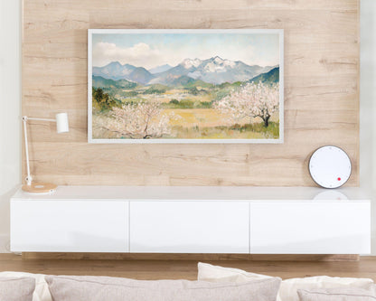 FRAME TV art Japanese Spring Landscape, Samsung Frame tv art Colorful Japan countryside with pink blossom trees and snowy mountains | TV692