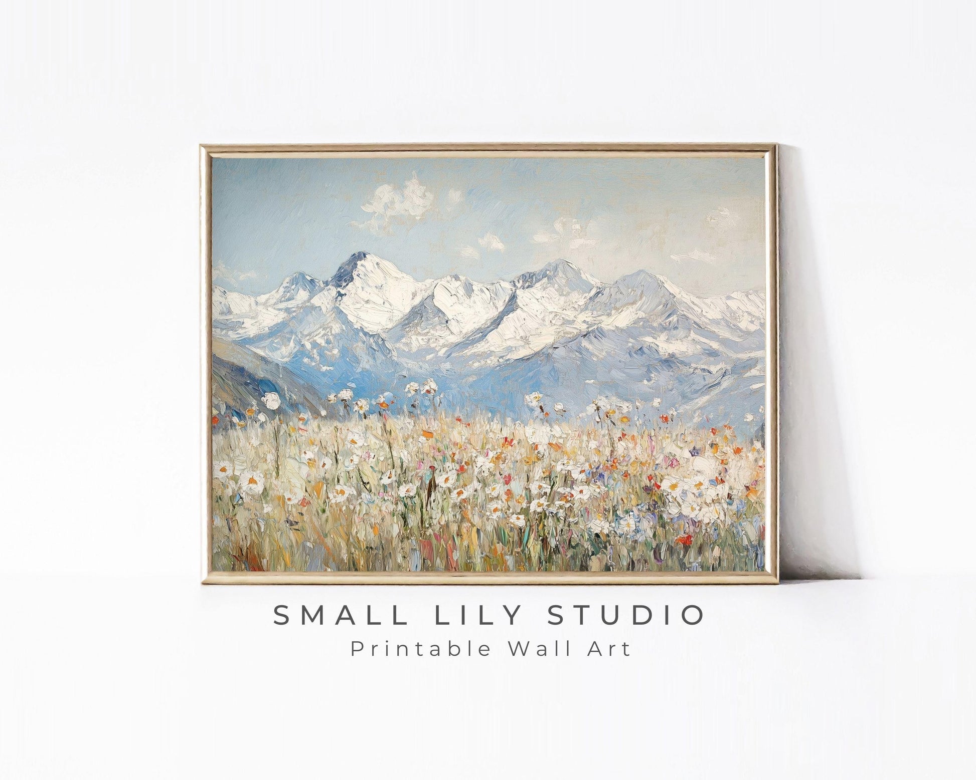 PRINTABLE Alps and Wildflowers Print, Vintage Style Winter Floral Wall Art, Textured Spring landscape painting Swiss Mountains | P123