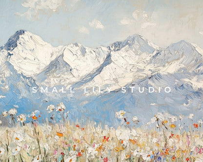 PRINTABLE Alps and Wildflowers Print, Vintage Style Winter Floral Wall Art, Textured Spring landscape painting Swiss Mountains | P123