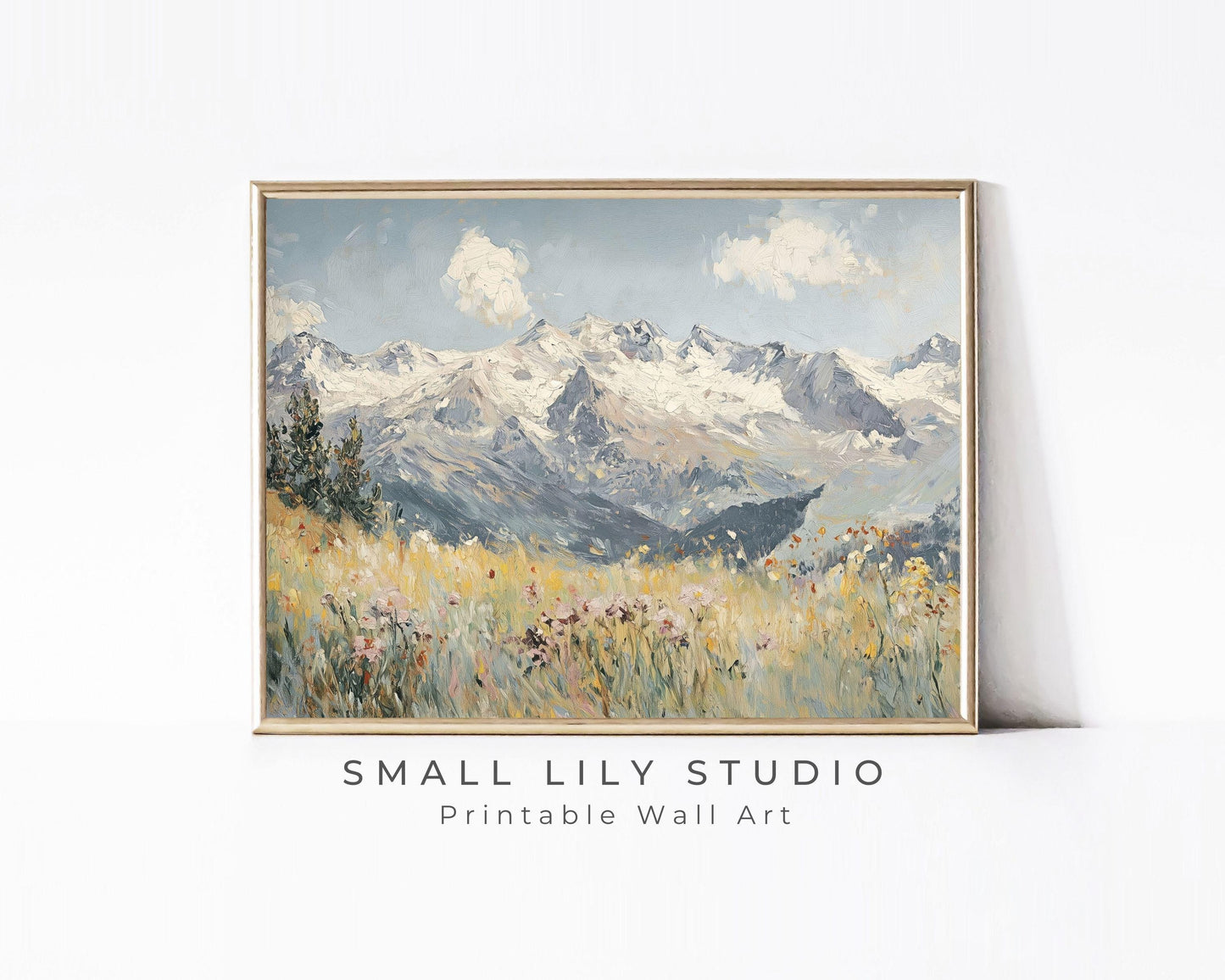 PRINTABLE Alps and Wildflowers Print, Vintage Style Winter Floral Wall Art, Textured Spring landscape painting Swiss Mountains | P124