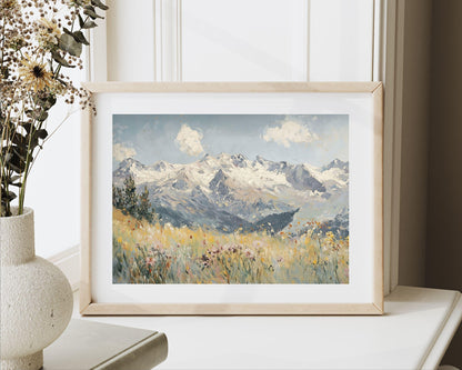 PRINTABLE Alps and Wildflowers Print, Vintage Style Winter Floral Wall Art, Textured Spring landscape painting Swiss Mountains | P124