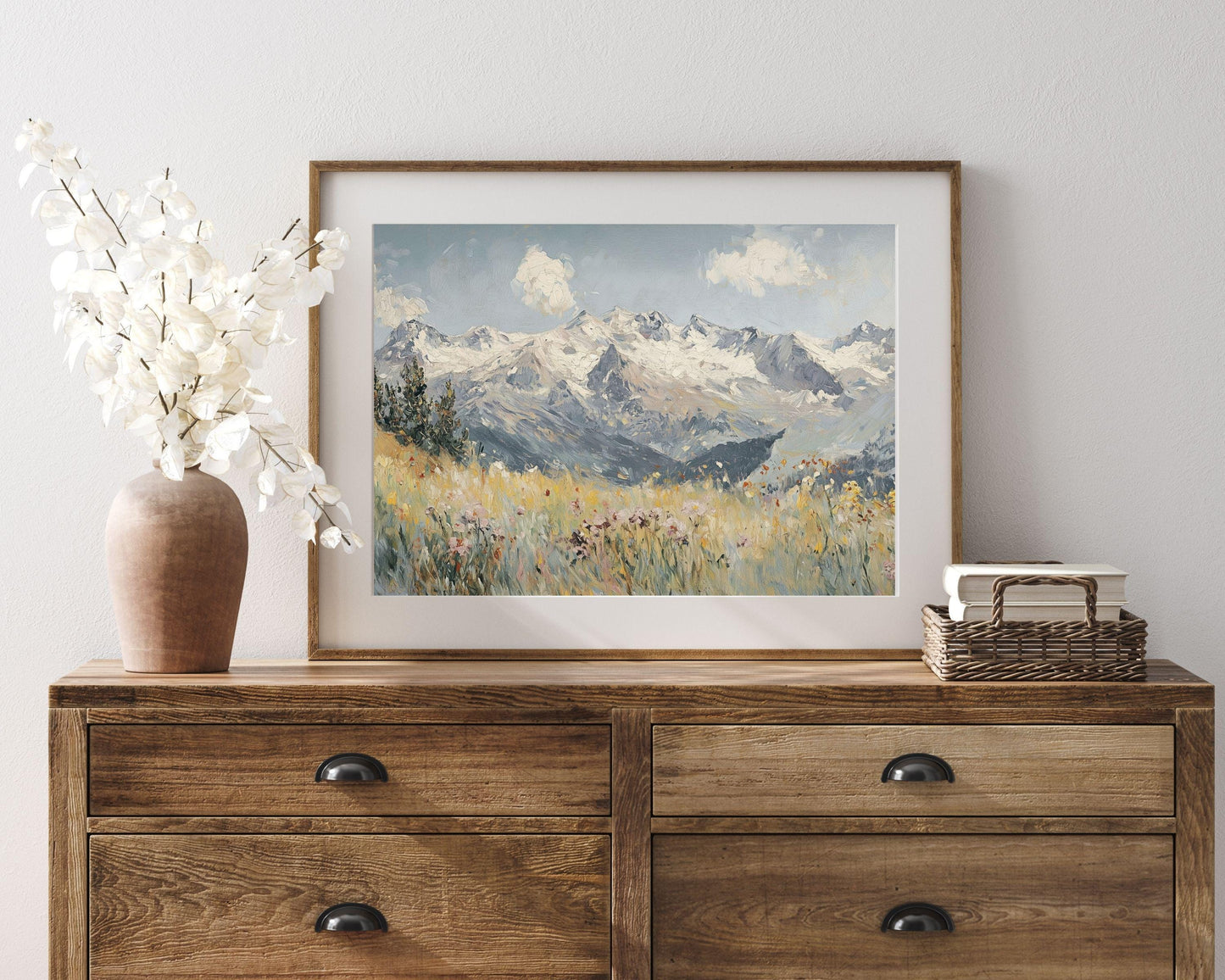 PRINTABLE Alps and Wildflowers Print, Vintage Style Winter Floral Wall Art, Textured Spring landscape painting Swiss Mountains | P124