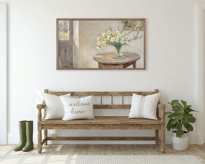 FRAME TV art Daffodils in Cottage, Spring Samsung Frame tv art vintage style floral painting, Early Spring art pastel yellow flowers | TV705