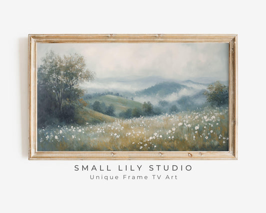 FRAME TV art Moody Wildflowers Landscape, Spring Rain Samsung Frame tv art, Mountain fog vintage style painting, Flower field art | TV706