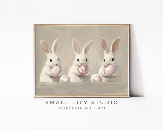 PRINTABLE Wall Art Bunnies with Easter Eggs Print, Neutral farmhouse vintage style Easter print, Cute rabbit print kids room nursery | P125