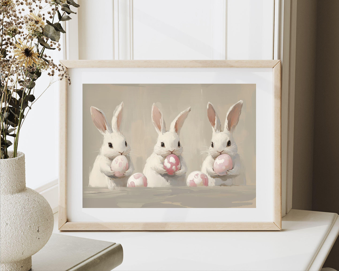 PRINTABLE Wall Art Bunnies with Easter Eggs Print, Neutral farmhouse vintage style Easter print, Cute rabbit print kids room nursery | P125