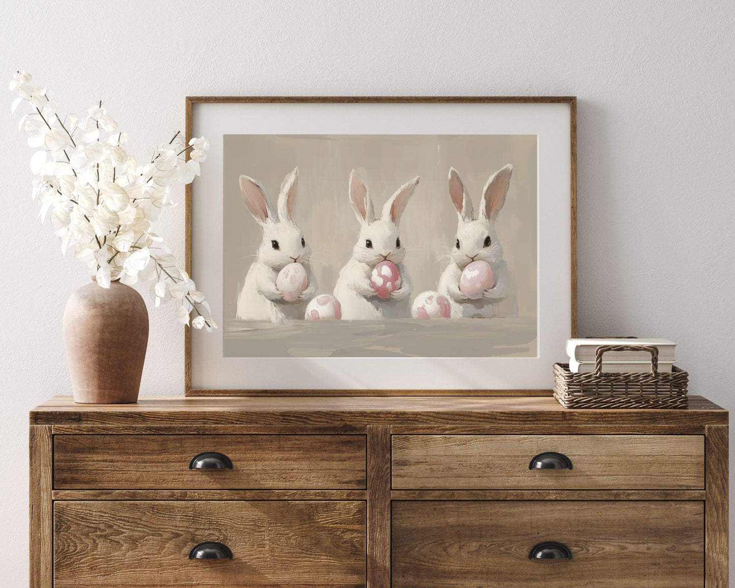 PRINTABLE Wall Art Bunnies with Easter Eggs Print, Neutral farmhouse vintage style Easter print, Cute rabbit print kids room nursery | P125