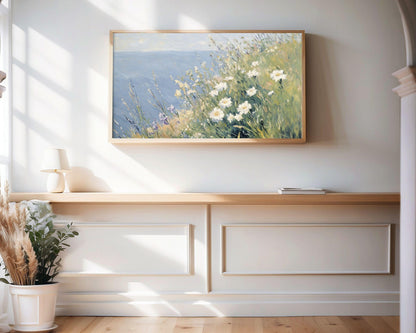 White Wildflowers by the Sea Frame TV Art