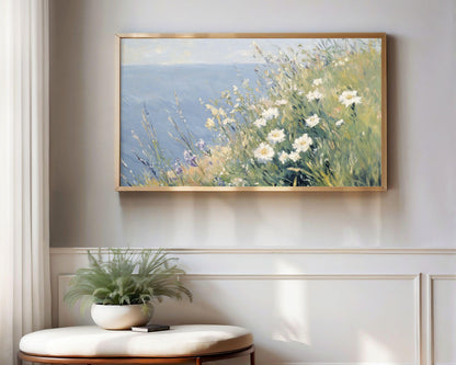 White Wildflowers by the Sea Frame TV Art