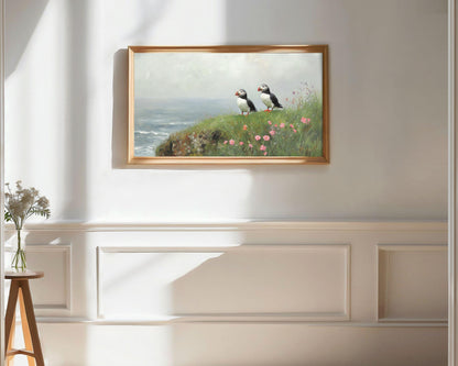 Puffins in Spring Frame TV Art
