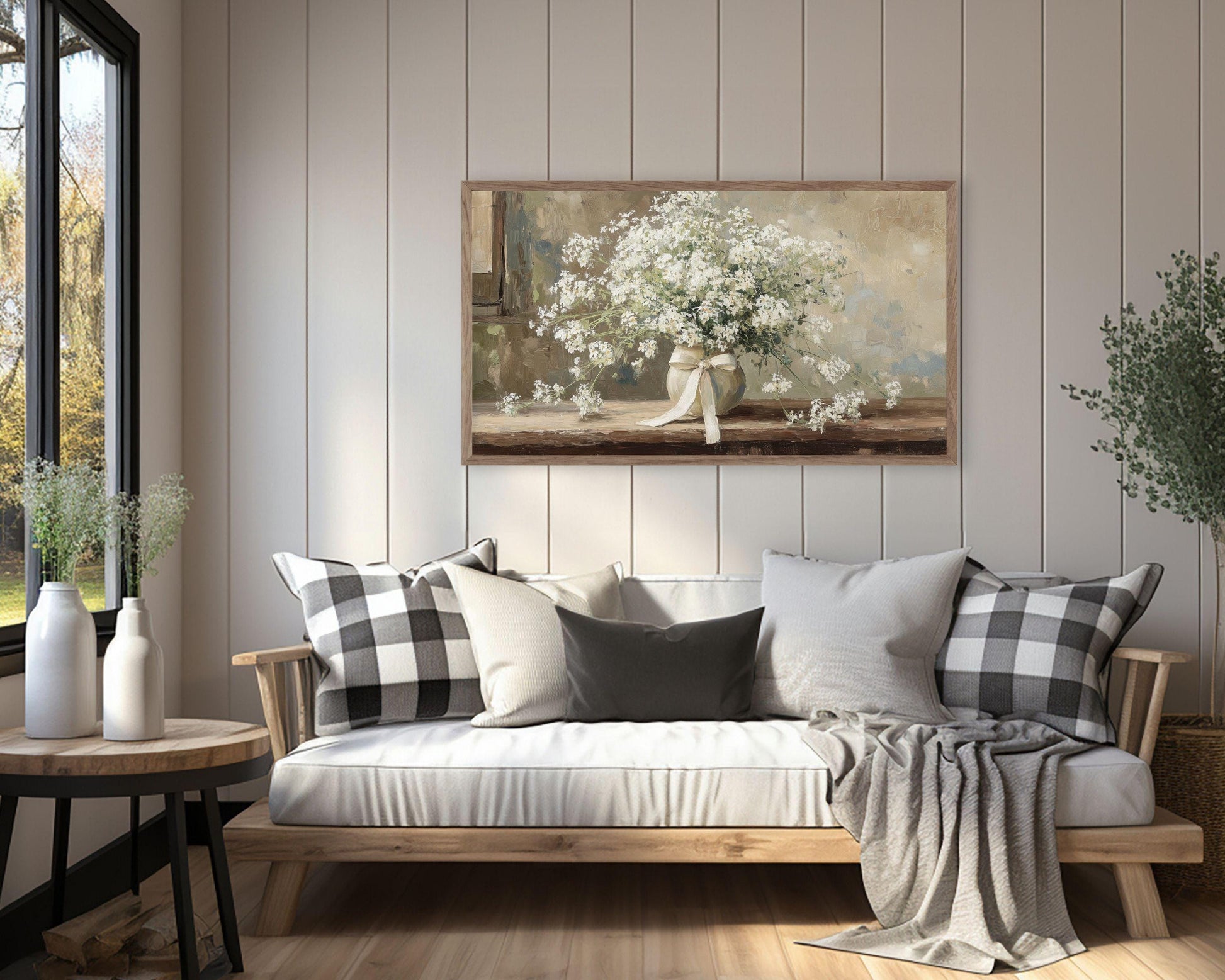 White Flowers in Farmhouse Frame TV Art