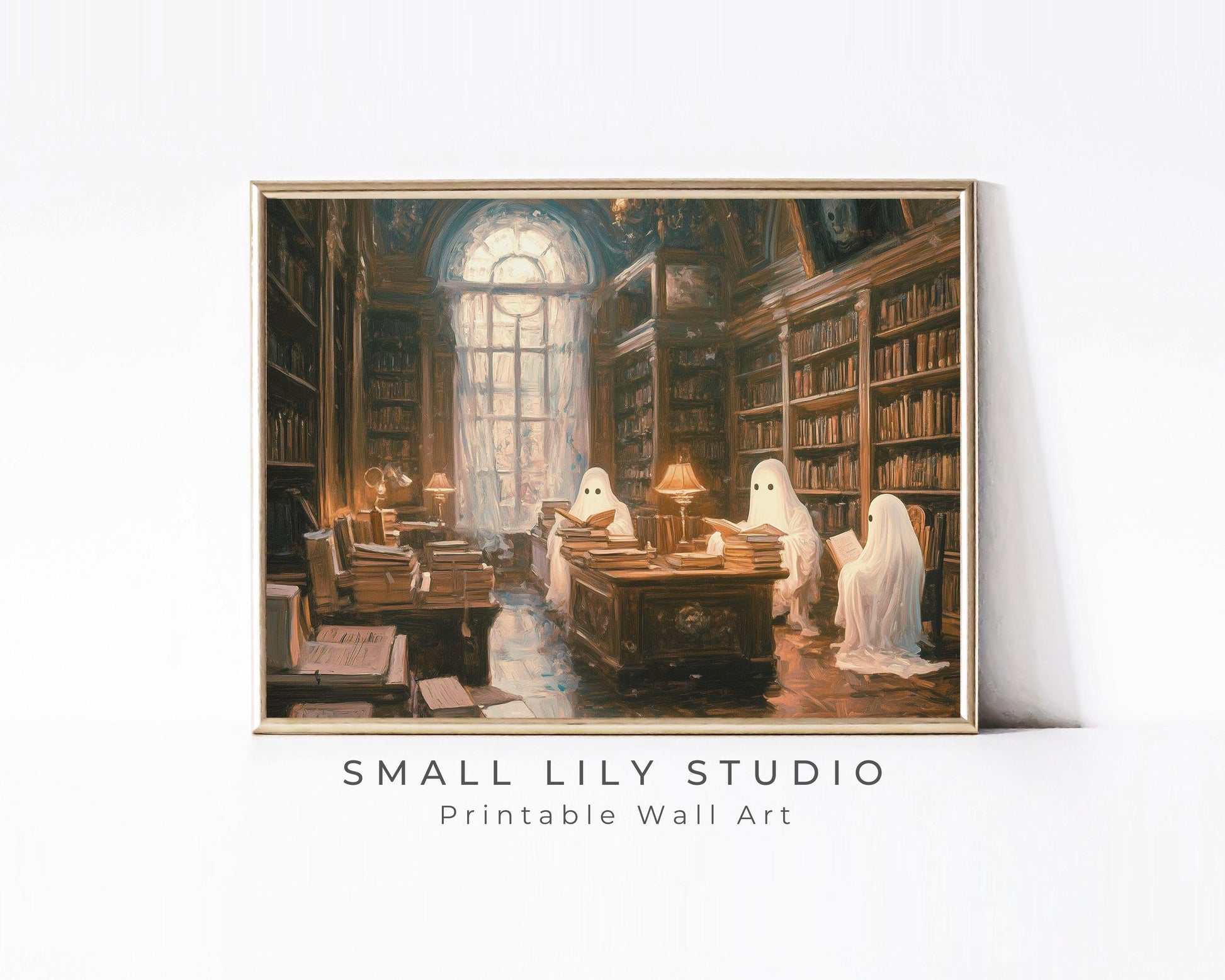 Halloween Ghosts Reading in Library Printable Wall Art