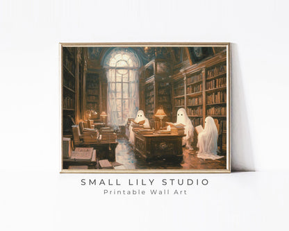 Halloween Ghosts Reading in Library Printable Wall Art