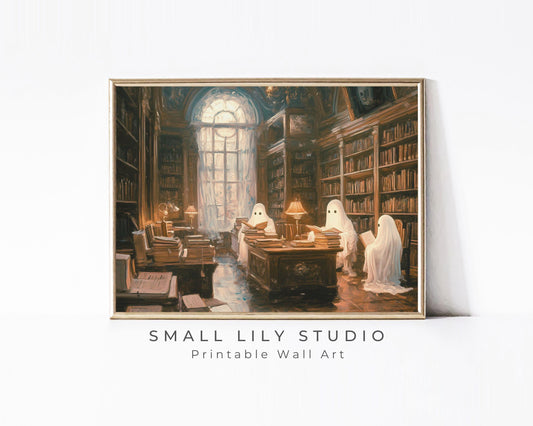 Halloween Ghosts Reading in Library Printable Wall Art