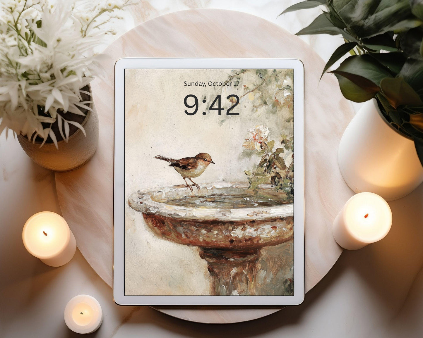 Bird at Birdbath Desktop Wallpaper Set