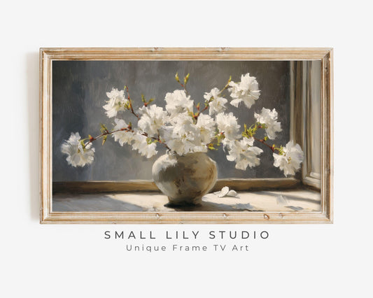 White Blossoms still life Frame TV Art