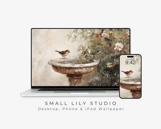 Bird at Birdbath Desktop Wallpaper Set