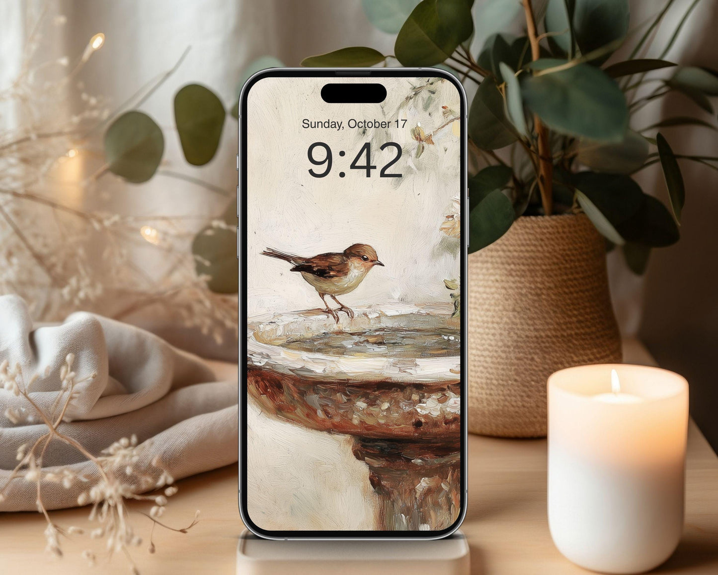 Bird at Birdbath Phone Wallpaper