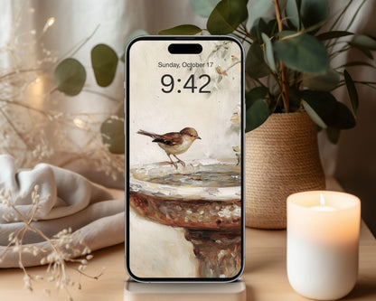 Bird at Birdbath Phone Wallpaper